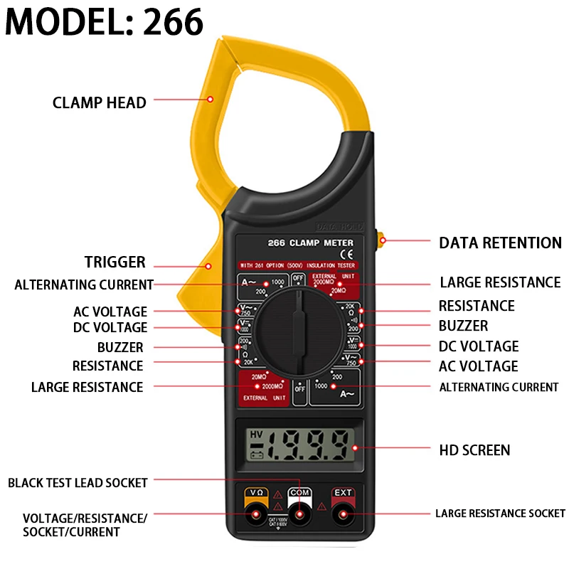 Digital Current Clamp Meter Buzzer Data Hold Non-contact Multimeter Voltmeter Ohmmeter Ammeter Ohmmeter Volt AC DC