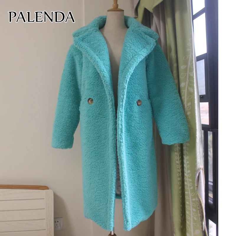 

2019 new women faux fur coat thick warm weight about 1.7kg with lining inside teddy coat skyblue and yellow