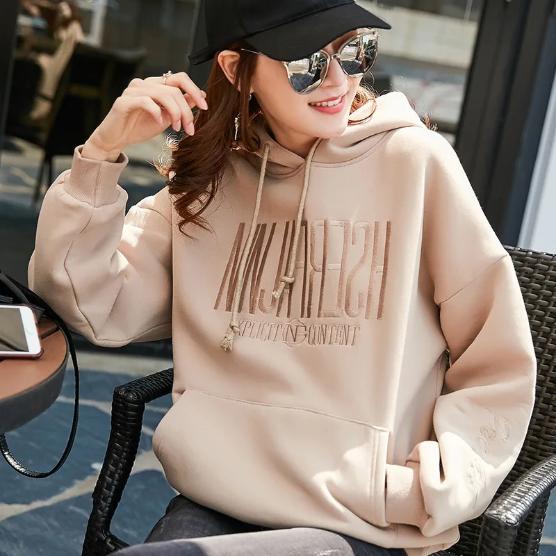 

Hoodies Women Letter Printed Loose Hooded Trendy Pockets Plus Velvet Sweatshirts Womens Korean Style Harajuku All-match Chic