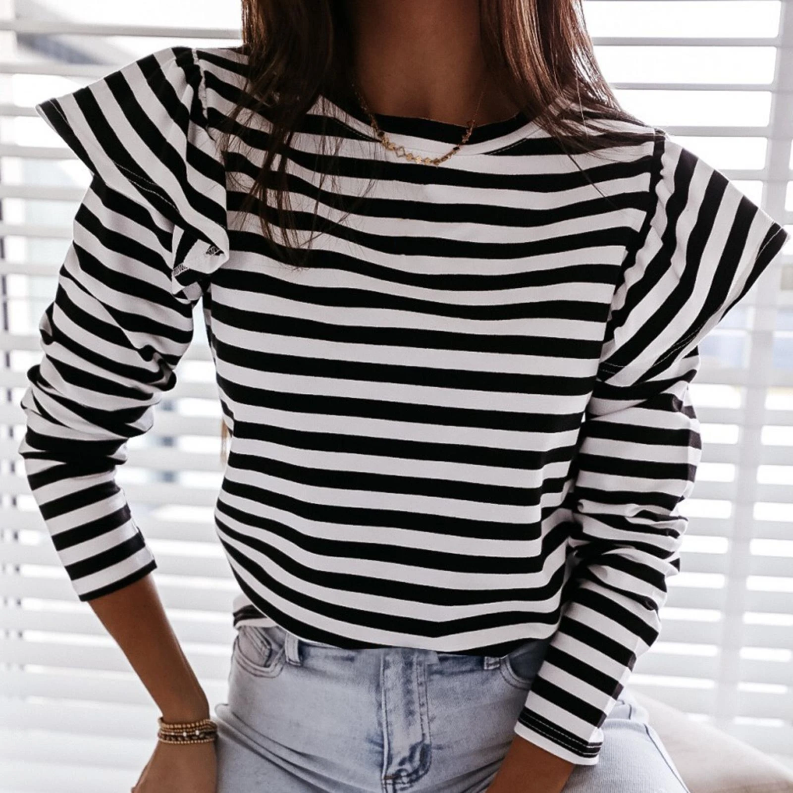 Camisa elegante oficina para mujer, blusa a rayas de manga volantes y cuello redondo, Jersey moderno ajustado negro y rojo, Tops de otoño|Blusas y camisas| - AliExpress
