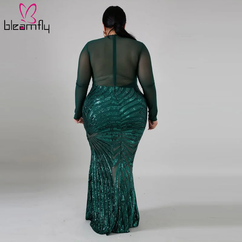 Сексуальные блестящие вечерние платья размера плюс 4XL 5XL с блестками для ночного клуба, Женская праздничная одежда, сетчатые прозрачные платья с длинным рукавом, 4 цвета