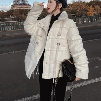 

Winter Jacket Women 2020 Fashion Warm SIngle Breasted Pearls Beading Tassel White Tweed Parka Padded Coat Bubble Jacket B027