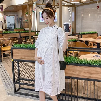 

1933# White Hollow Out Lace Cotton Maternity Dress Summer Korean Fashion Loose Clothes for Pregnant Women Pregnancy Nursing