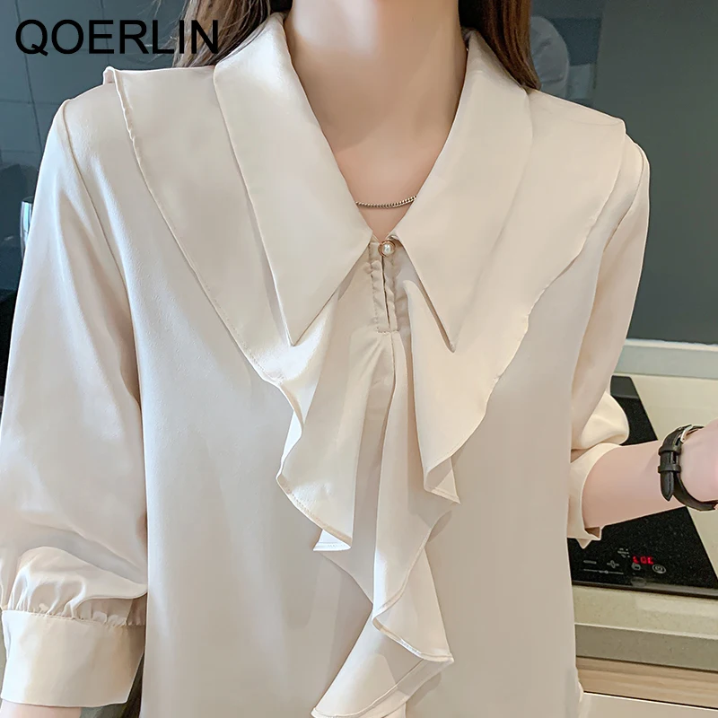 QOERLIN Loose Three-quarter Sleeves Ruffled Turn-Down Collar Chic Elegant Workwear Chiffon Shirt Office Ladies  OL Tops