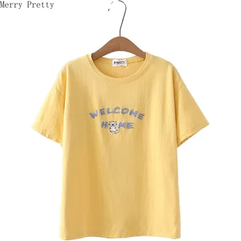 

Women's Cartoon Cat Embroidery Cotton T Shirts 2020 Spring New Femme Short Sleeve O-Neck T Shirt Femme Casual Loose Tops Tees