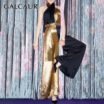 

GALCAUR Elegant Patchwork Hit Color Jumpsuit Female Halter Sleeveless High Waist Tunic Jumpsuits Women 2020 New Fashion Clothes