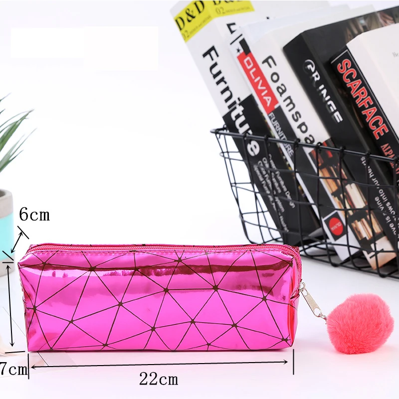 Color Laser Pencil Cases Creative Grid Hair Ball Pencil Bag for Kids Girl Cosmetic Bag Student School Supplie Kawaii Stationery