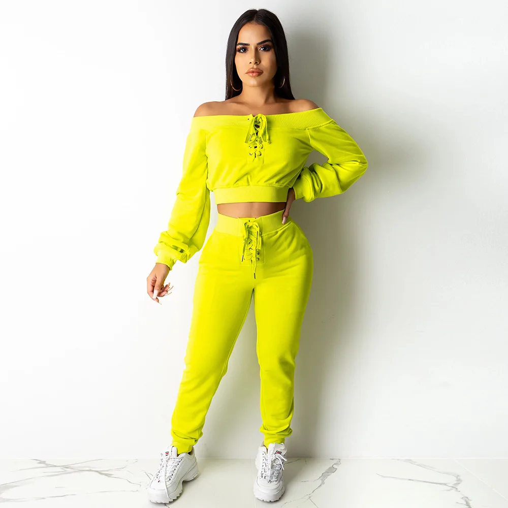

BKLD Autumn Outfiits Women Sexy Off Shoulder 2 Two Piece Sets Lace Up Bandage Long Sleeves Crop Tops And Pencil Pants Tracksuits