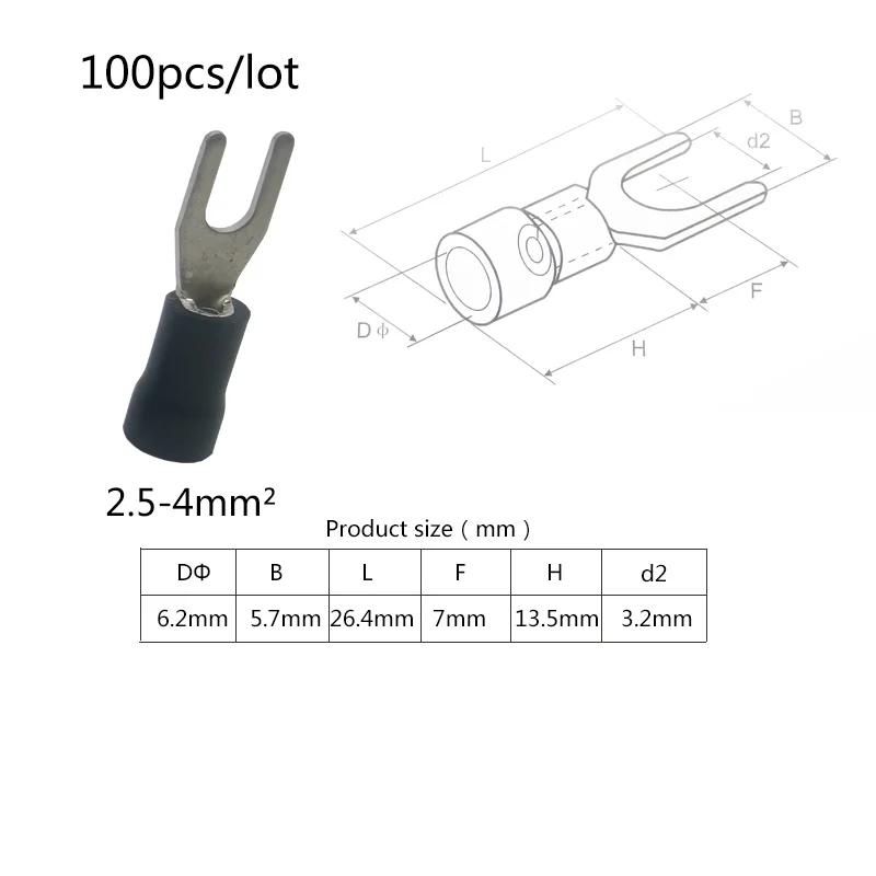 100 шт. Вилка предварительно изолированные клеммы вилка типа холодного отжима 0,5-1,5 мм 2 1,5-2,5 мм 2-4 мм² 4-6 мм 2 красная медь обжима - Цвет: 2.5-4 100pcs