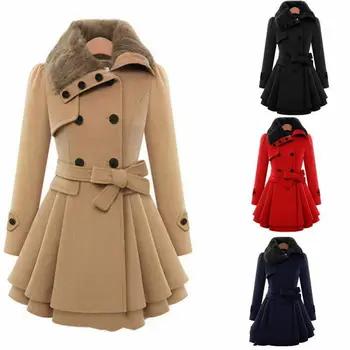 

Women Ladies Fur Collared Winter Long Peacoat Coat Trench Outwear Jacket