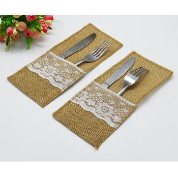 

1/5/10 pcs Rustic Wedding Lace Fork Knife Pocket Guest Jute Burlap Tableware Boho Wedding Party Decoration For Home 4"x8"