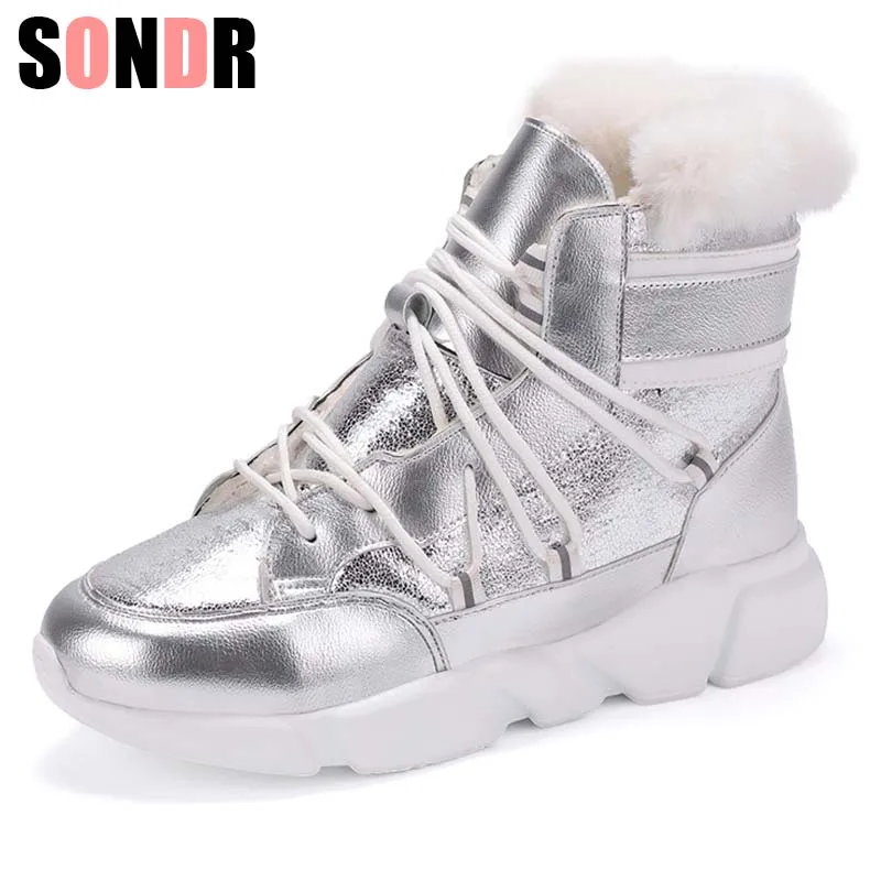 

2019 Snow Boots Women Winter Flat Long Plush Ladies Shoes Woman Black Silver PU leather Ankle Boot