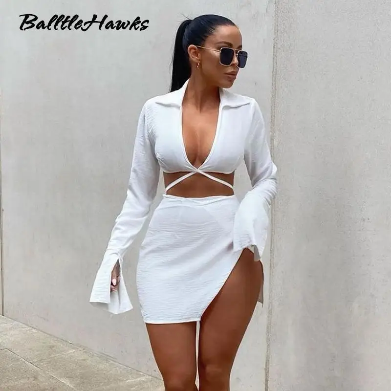 

Sexy White Drawstring Long Sleeve Crop Top Summer Two Piece Slit Mini Skirt Set Women Club 2 Piece Skirts Outfits 2021