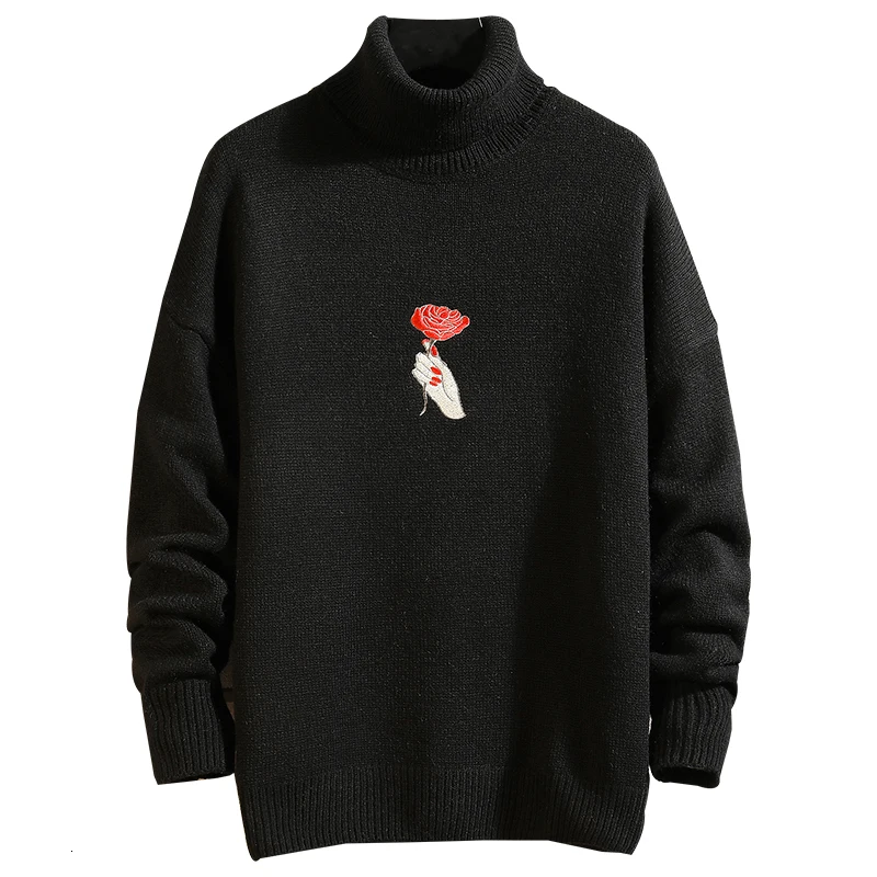 YUECHE Autumn And Winter Men's New Plant Pattern Embroidery Turtleneck Sweater Loose Large Size Coarse Wool M-5XL
