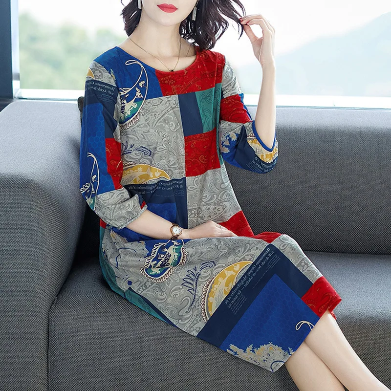 

Western Style 2019 Spring Clothing New Style WOMEN'S Dress Retro Printed Faux Silk Dress Loose-Fit Mulberry Silk Skirt Summer