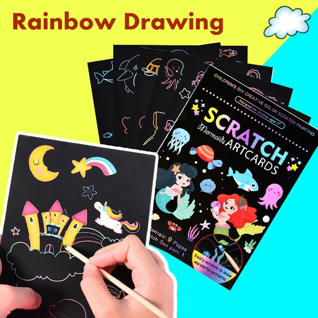 9Pcs Magic Rainbow Color Scratch Art Painting Paper Card Kit Cartoon Dinosaur Unicorn Drawing Board Kids DIY Educational Toys 1