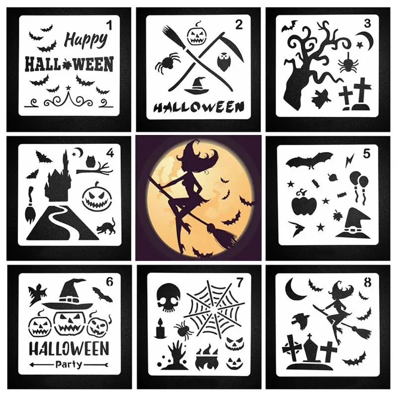 

8 Pieces Plastic Halloween Themes Stencils Scale Template Set, Old Castle,Pumpki