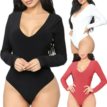 

hirigin Women Lady Sexy Long Sleeve Deep V-neck Bodysuit 2020 New Solid Stretch Leotard Tops Jumpsuit Romper Bodysuit Wholesale
