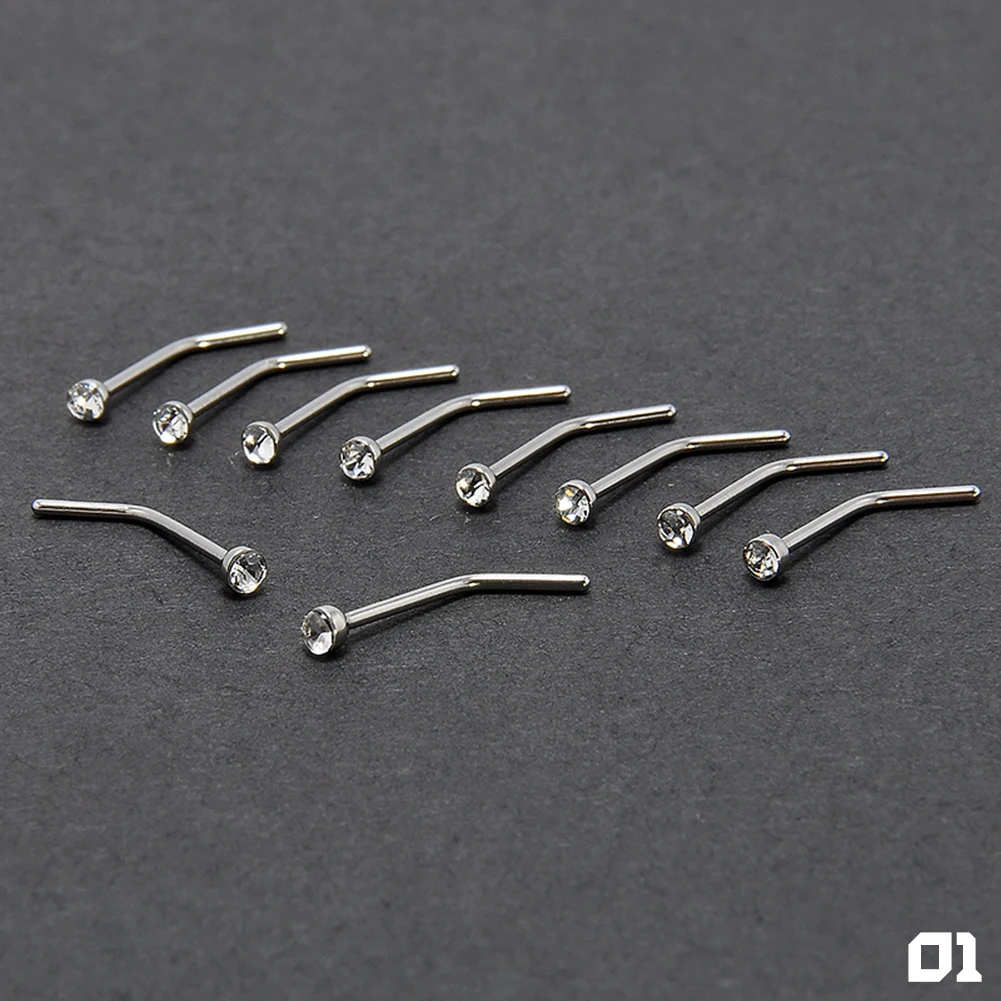 10 sztuka/zestaw ze stali nierdzewnej L kształt nosa Stud Pack Rhinestone gięcie Stud kolczyk w nosie zestaw nos Stud Lot Piercing Nariz Pin