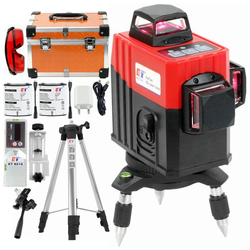 Kaitian Red 12 Lines 3D Laser Level Self Leveling 360 Degrees Horizontal&Vertical Cross Lines Red Laser Line With Tripod Battery