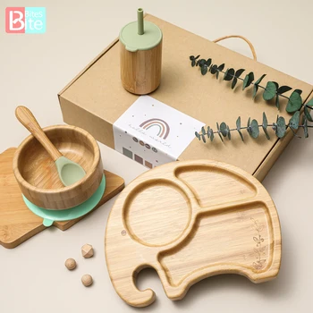 4PCS Wooden Dinner Plate Silicone Suction Cup Non-slip Waterproof Fork Spoon Cartoon Elephant Feeding Dinner Plate Tableware 1