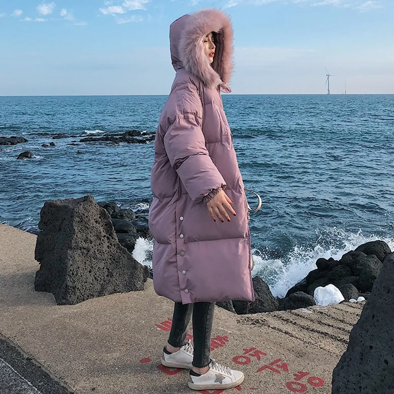 

Photo Shoot CHIC Sweet Soot Powder Straight-Cut Mid-length Hooded Large Fur Collar ce bian kou down Coat Cotton Overcoat Women's