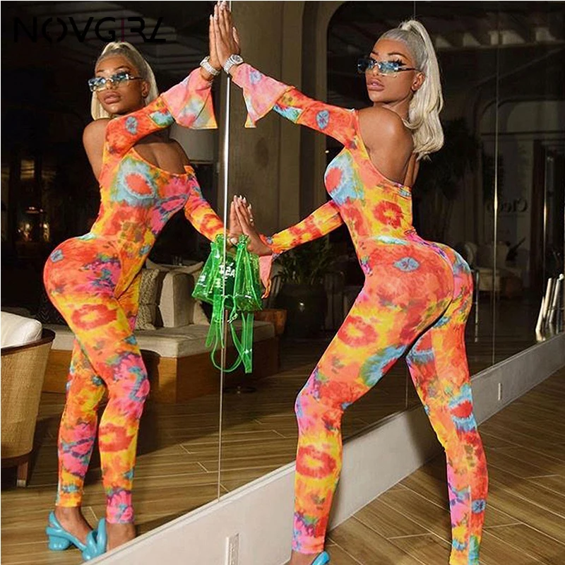 Novgil, цветочный принт, с открытыми плечами, с расклешенными рукавами, сексуальный женский комбинезон, осень, Boho, открытая спина, Обтягивающие Комбинезоны, Клубные, вечерние, комбинезоны