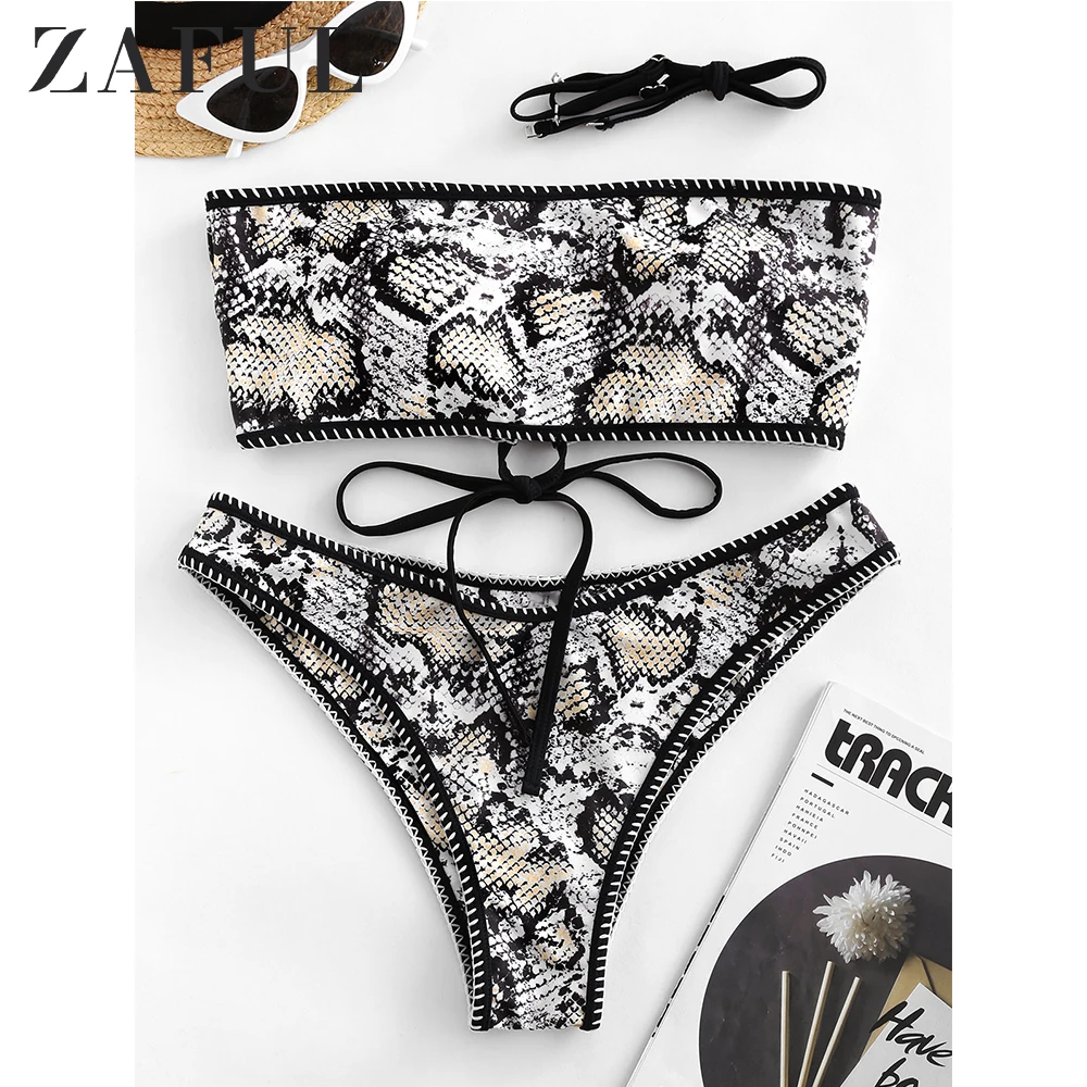 

ZAFUL Dalmatians Leopard Snakeskin Whip Stitch Lace-Up Bandeau Bikini Swimsuit Animal Print Strapless Bathing Suit Padded