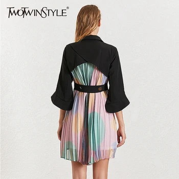 

TWOTWINSTYLE Pleated Patchwork Dress Women Lapel Collar Flare Sleeve High Waist Tunic Mini Summer Dresses Female 2020 Fashion