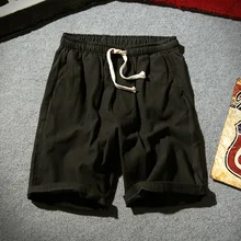 Мужские летние шорты из хлопка и льна, однотонные, с завязками на талии, короткие штаны, повседневные, SER88