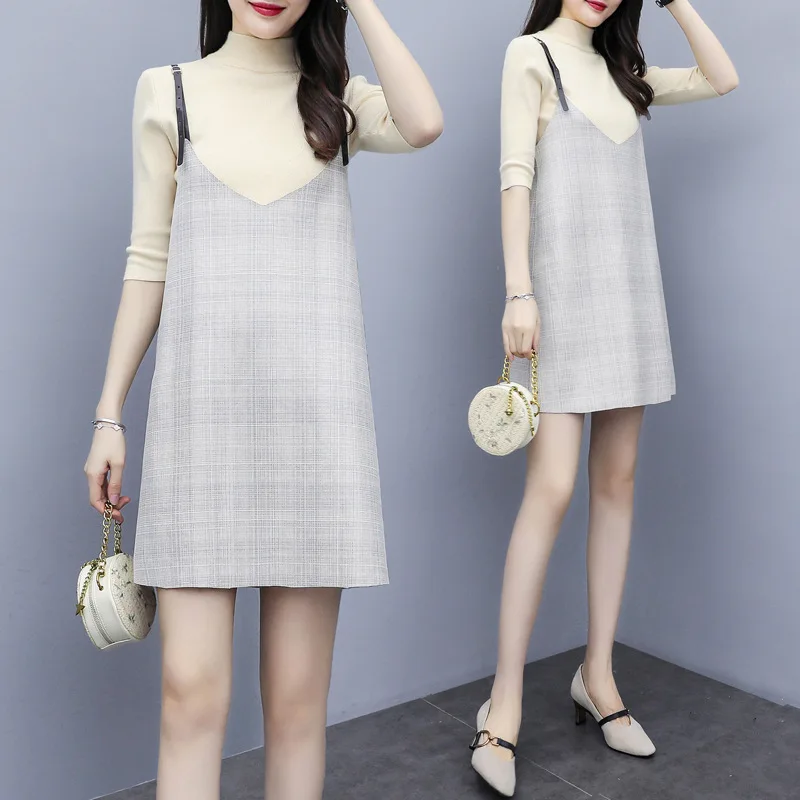 

2019 Autumn Clothing New Style Korean-style Half-Turtle-Neck Sweater + Pattern Strapped Dress Online Celebrity Two-Piece Set Ele