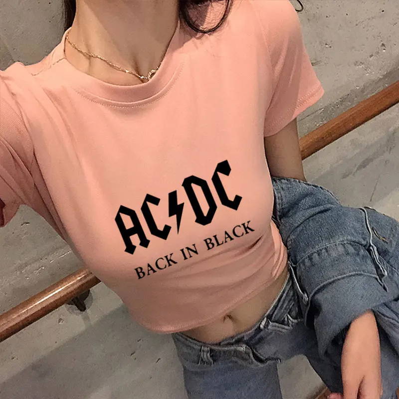 

AC/DC Band Rock T-Shirt Women's ACDC Letter Printed Graphic Tshirts Hip Hop Rap Music Short Sleeve Sexy Crop Tops Tee Shirt