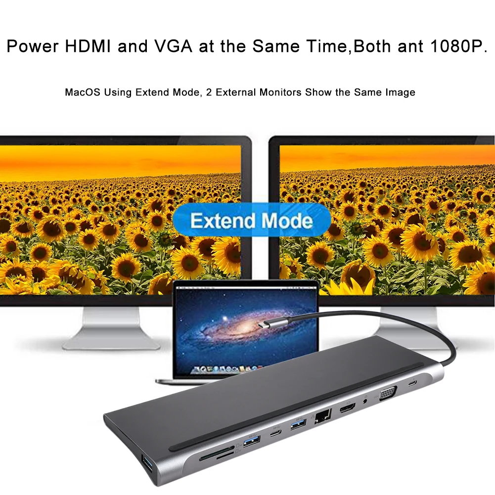 11 в 1 USB-C концентратор type C концентратор USB 3,0 Thunderbolt HDMI VGA 3,5 мм аудио RJ45 адаптер для MacBook Pro samsung Galaxy S9 USB C концентратор