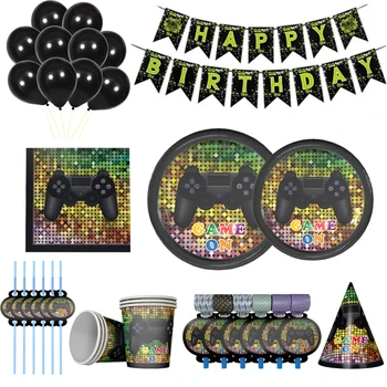 

Cartoon Gamepad Series Birthday Party Disposable Tableware Set Spoon Fork Knife Banner Game Children Party Decoration Supply