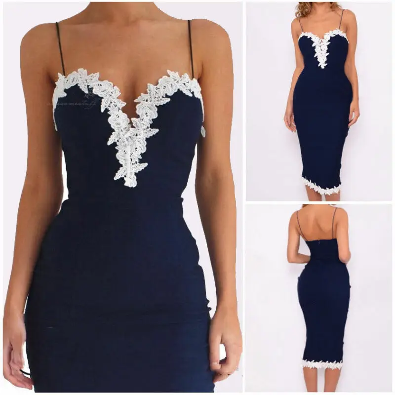 

Sexy Women Pencil Dress Skinny Hollow Out Bodycon Strappy V Neck Lace Flower Evening Party Ladies Midi Dress CA