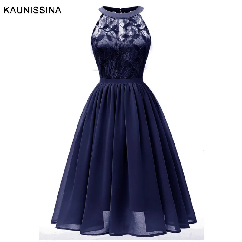 Navy Blue KAUNISSINA/Элегантные Короткие коктейльные платья с бретельками, длиной до колена, шифоновые кружевные однотонные платья трапециевидной формы для вечеринок Vestidos - Цвет: Navy Blue