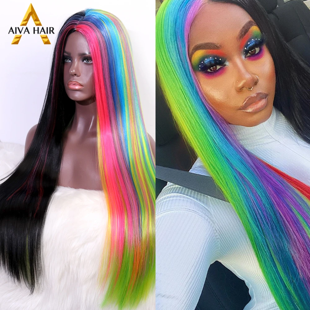 Straight Half Rainbow Black Synthetic Wig Heat Resistant Long Red Synthetic Wig Aiva Hair Parik Cosplay Wigs For Black Women Synthetic None Lace Wigs Aliexpress
