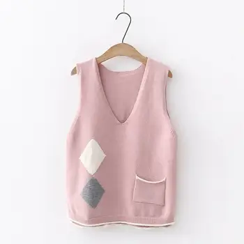 

2019 Fall Women Casual V-Neck Geometry Sweater Korean Style Sleeveless Knitted Vest Sweet Loose Pockets Sweater