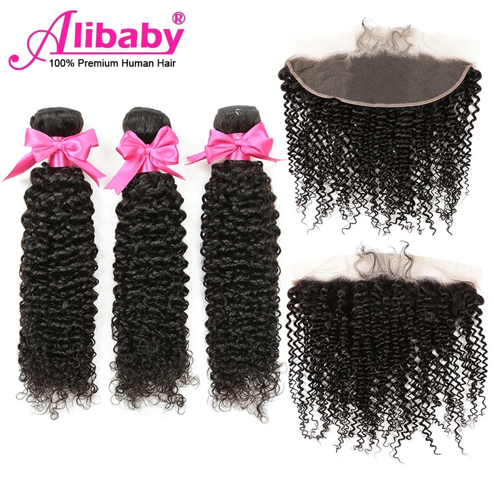 

Alibaby 3 Bundles With Frontal Remy Kinky Curly Bundles With Closure Natural Color Human Hair Bundles With Frontal Closure 13x4