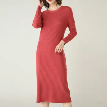 

Women Long Sleeve Casual Concise Black Knitted Dress Autumn Winter O Neck Straight Midi Dress Office Lady Solid Sweater Dress