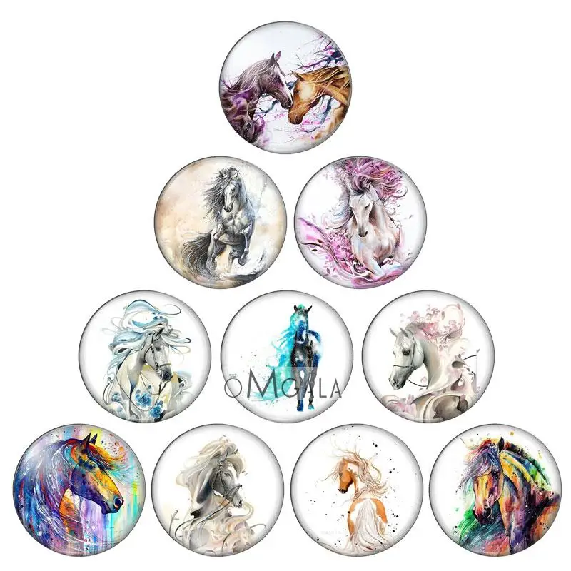 Watercolorful Painting Horse Photos 10pcs mixed 12mm/18mm/20mm/25mm Round photo glass cabochon demo flat back Making findings