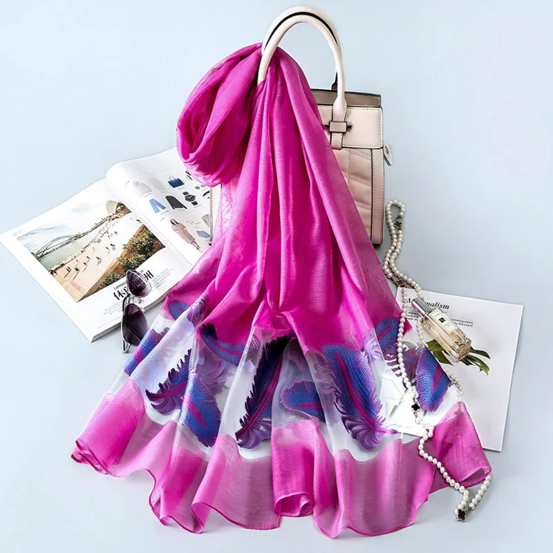 

Fashion 180*70 cm Soft Faux Silk Scarf Women Shawl Embroidery Feather Euro Style Pashmina Winter Autumn Gift For Ladys