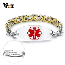 Vnox, персонализация, медицинское оповещение, ID, браслет для женщин и мужчин, византийская цепочка, 2 тона, нержавеющая сталь, тип 1, браслет для диабета