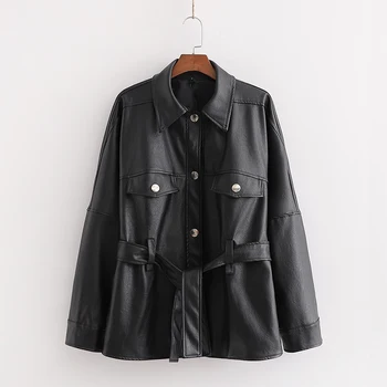 

Womens solid color belted short leather jacket 2020 fashion new ladies simple elegant retro female leather jacket