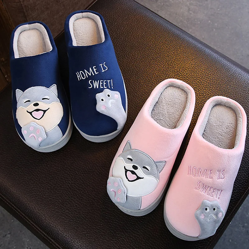 US $8.52 Cartoon Dog Women Home Slippers NonSlip Soft Winter Warm House Indoor Bedroom Lovers Couples Floor Shoes