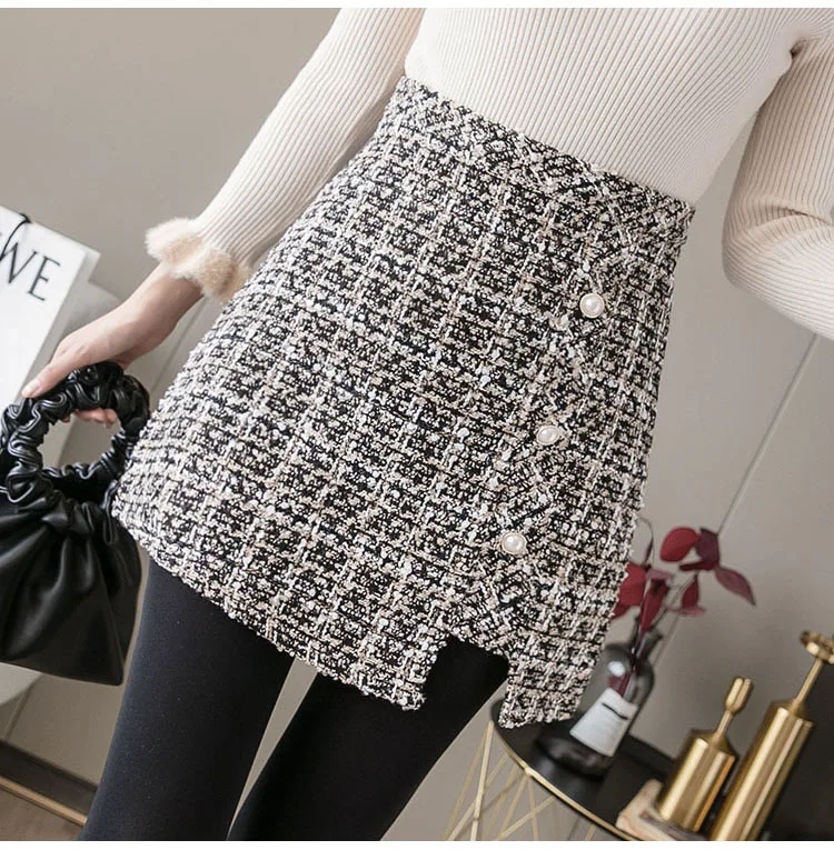 Autumn Winter Mini Tweed Skirt Women Elegant Plaid Skirts Ladies Fashion Korean High Waist Buttons Sexy Short Skirts Package Hip