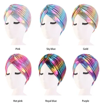 Kaufen Frauen Laser Haar Kappen Seidige Rüschen Metallic Turban Haar Abdeckung Zubehör Welle Caps Motorhaube Salon Hut Turban Headwrap