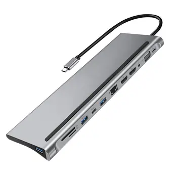 

12 in 1 USB C to Rj45 Lan 4K HDMI 3 USB 3.0 Card 3.5mm Audio Port 12 In 1 Type C Dock Adapter Hub PD Charge