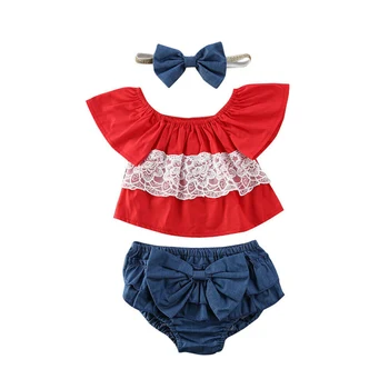 

2020 Fashion Toddler Kids Baby Girls Tops Red Lace T-shirt+Bow Shorts+Headband Outfits Clothes Summer Fashion Sets 0-24M