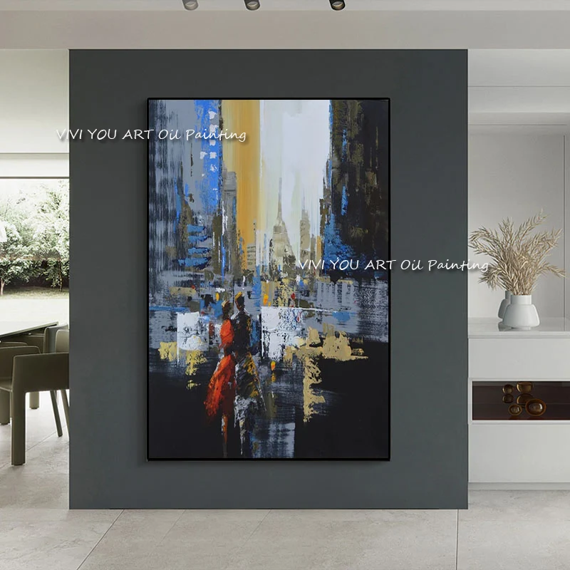 

The High Quality Handmade City Street Landscape Oil Painting on Canvas Art Love Couple Wall Picture for Living Room Cudros Decor